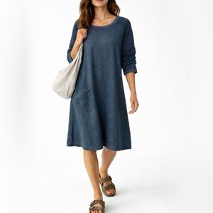 FLAX Minimalist Linen Dress Angled Pocket Ocean Blue Sz Small💛